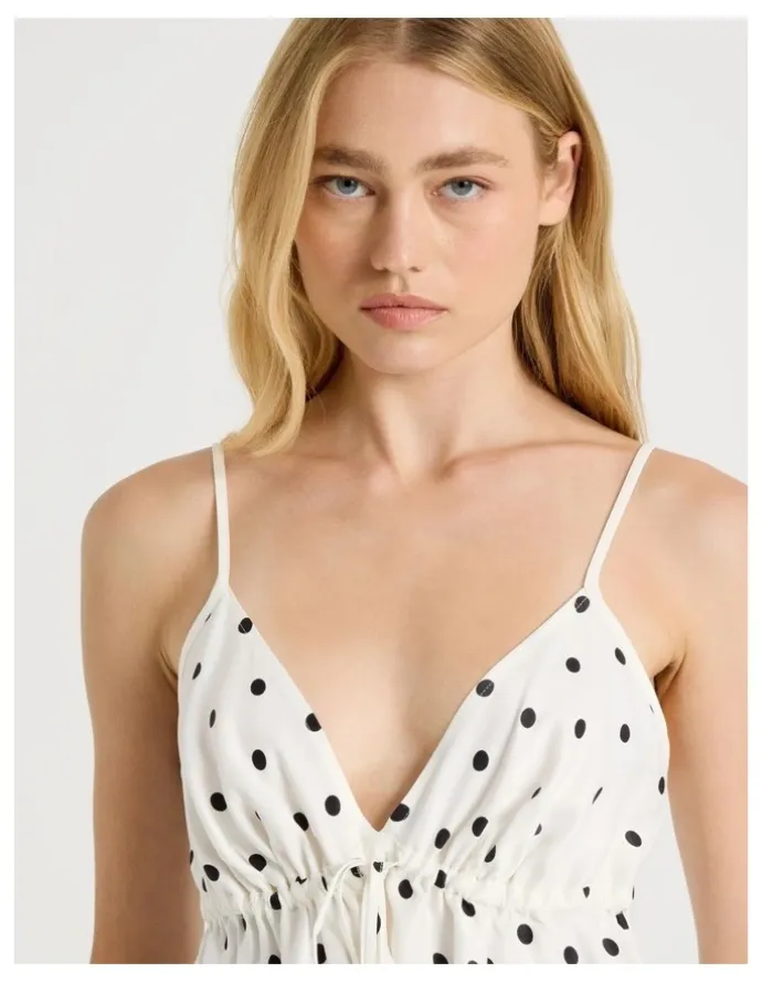 There After Drawstring Cami in White/Black Polka Dot