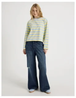 There After Long Sleeve Tee in Sky Blue and Pale Yellow Stripe