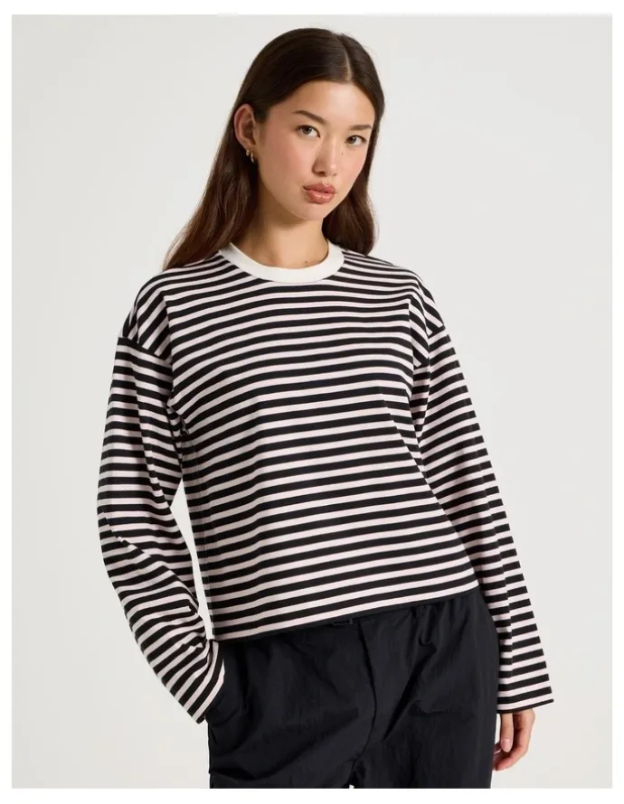 There After Long Sleeve Tee in Pink and Black Stripe