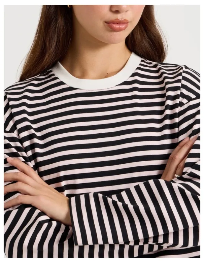 There After Long Sleeve Tee in Pink and Black Stripe