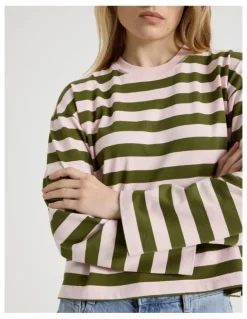 There After Long Sleeve Tee in Potpourri Pink and Moss Stripe
