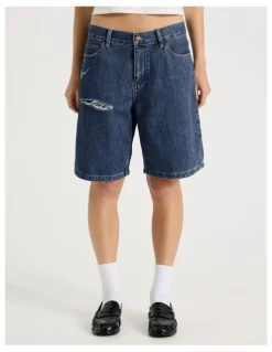 There After Mid Rise Denim Long Shorts in Mid Blue Wash