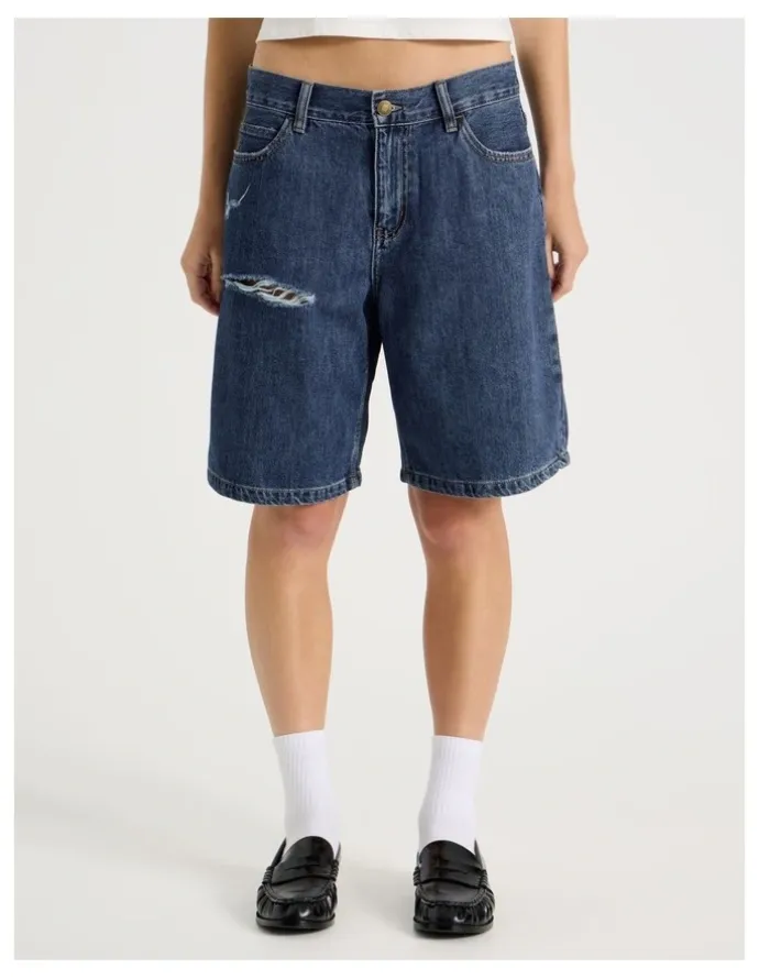 There After Mid Rise Denim Long Shorts in Mid Blue Wash