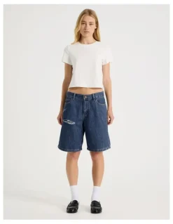 There After Mid Rise Denim Long Shorts in Mid Blue Wash