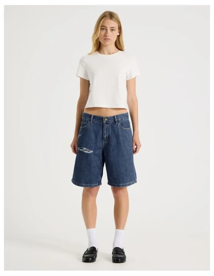 There After Mid Rise Denim Long Shorts in Mid Blue Wash