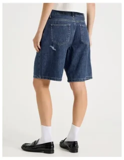 There After Mid Rise Denim Long Shorts in Mid Blue Wash