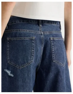 There After Mid Rise Denim Long Shorts in Mid Blue Wash