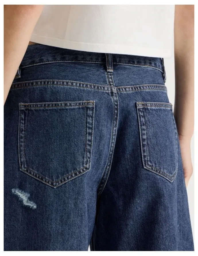 There After Mid Rise Denim Long Shorts in Mid Blue Wash