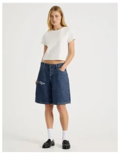 There After Mid Rise Denim Long Shorts in Mid Blue Wash
