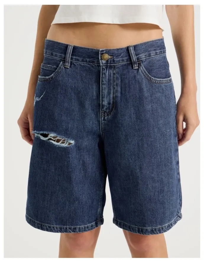 There After Mid Rise Denim Long Shorts in Mid Blue Wash