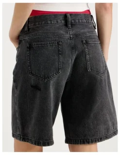 There After Mid Rise Denim Long Shorts in Black/Grey Wash
