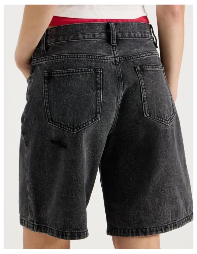 There After Mid Rise Denim Long Shorts in Black/Grey Wash