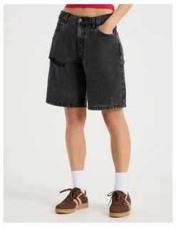 There After Mid Rise Denim Long Shorts in Black/Grey Wash