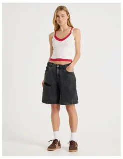 There After Mid Rise Denim Long Shorts in Black/Grey Wash