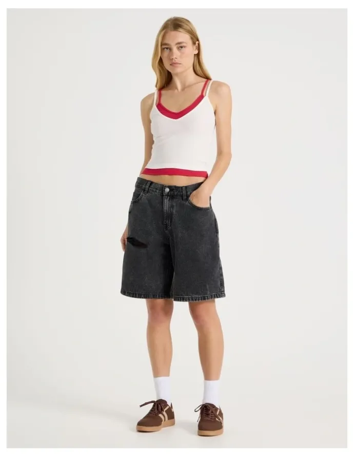 There After Mid Rise Denim Long Shorts in Black/Grey Wash