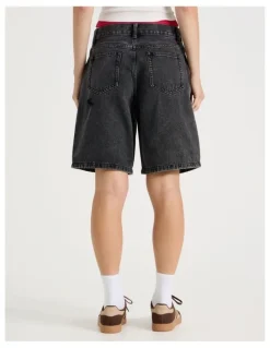 There After Mid Rise Denim Long Shorts in Black/Grey Wash