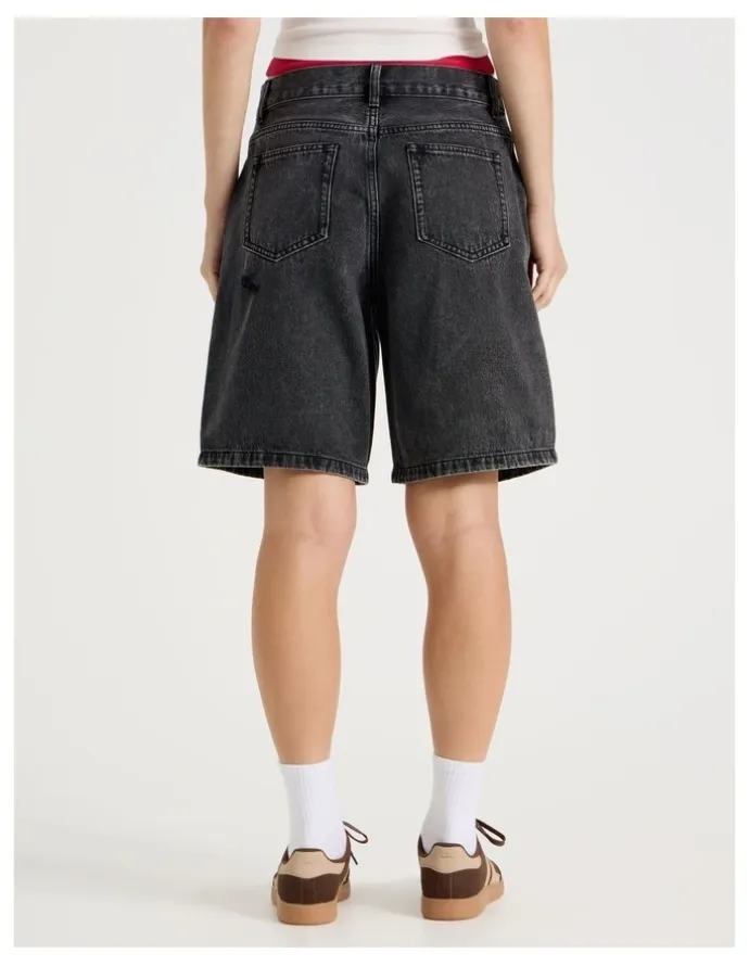 There After Mid Rise Denim Long Shorts in Black/Grey Wash