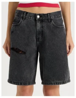 There After Mid Rise Denim Long Shorts in Black/Grey Wash