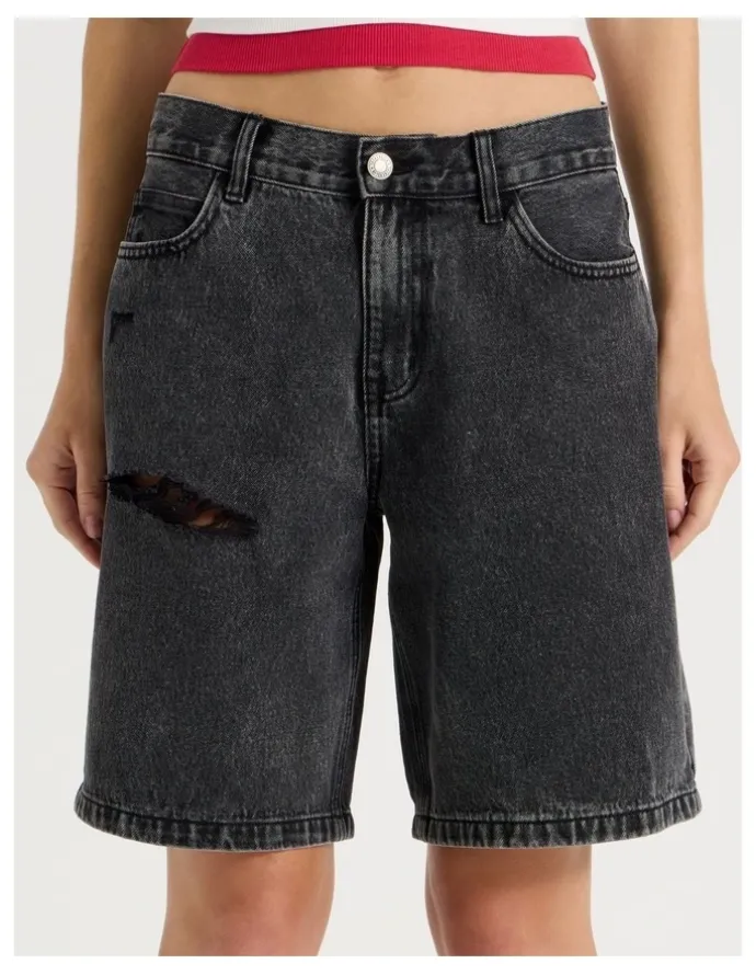 There After Mid Rise Denim Long Shorts in Black/Grey Wash