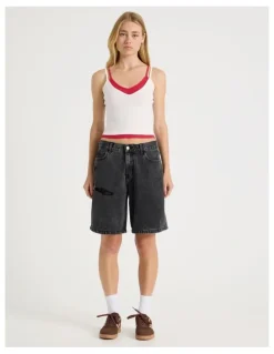 There After Mid Rise Denim Long Shorts in Black/Grey Wash