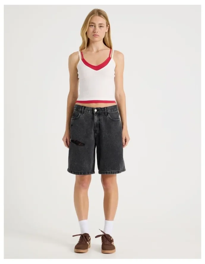 There After Mid Rise Denim Long Shorts in Black/Grey Wash