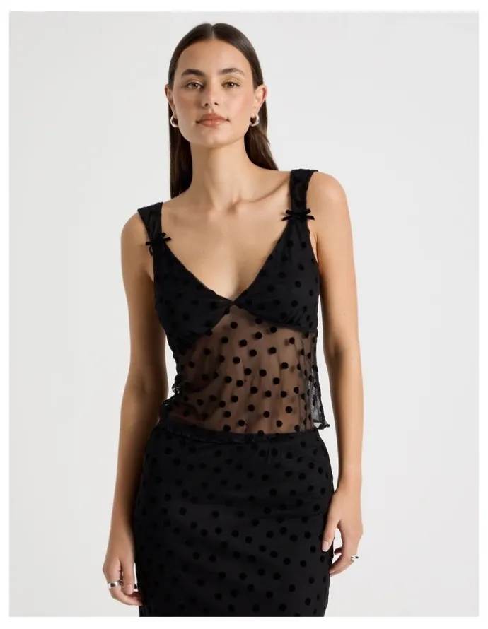 There After Polka Mesh Cami in Jet Black