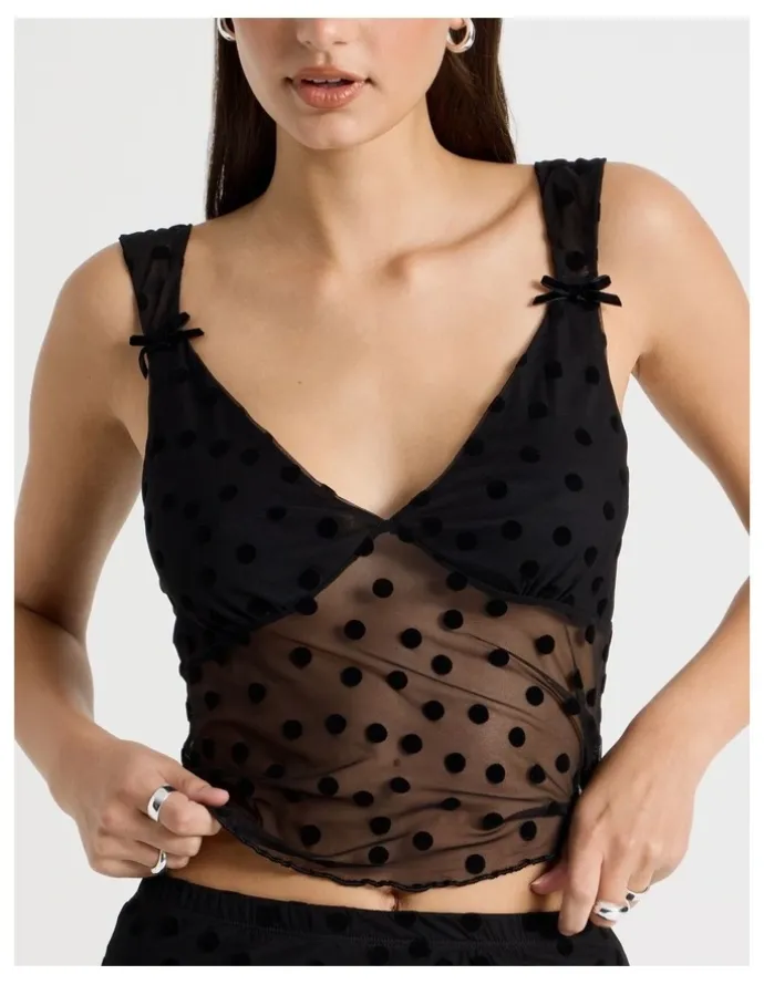 There After Polka Mesh Cami in Jet Black
