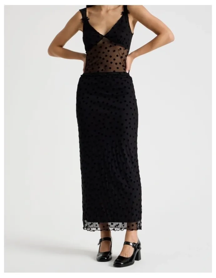 There After Polka Mesh Midi Skirt in Jet Black