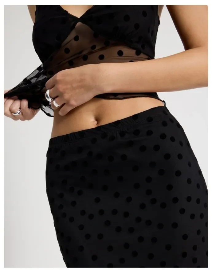 There After Polka Mesh Midi Skirt in Jet Black