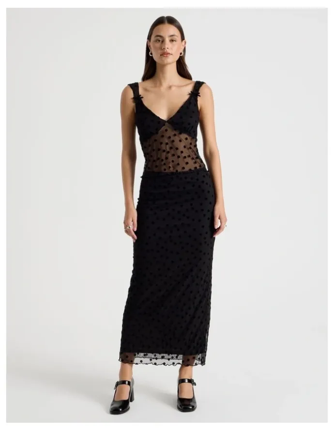 There After Polka Mesh Midi Skirt in Jet Black