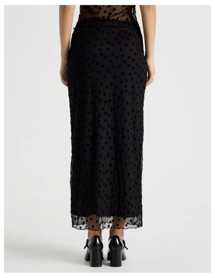 There After Polka Mesh Midi Skirt in Jet Black