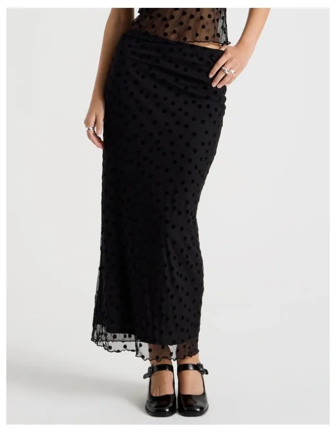 There After Polka Mesh Midi Skirt in Jet Black