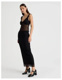 There After Polka Mesh Midi Skirt in Jet Black