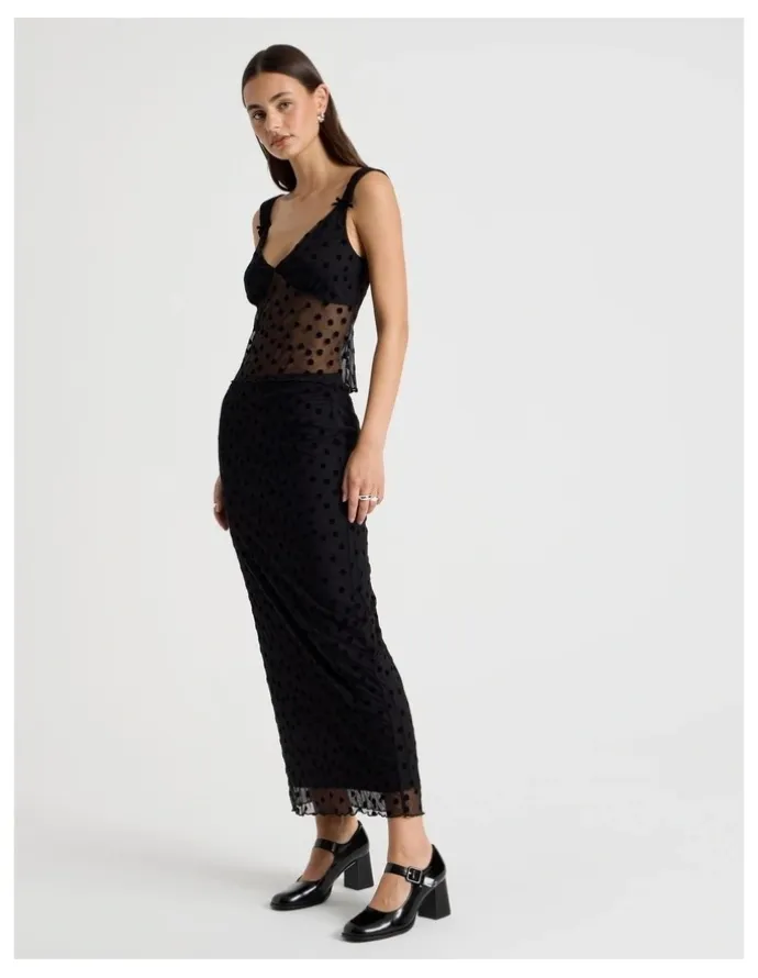 There After Polka Mesh Midi Skirt in Jet Black