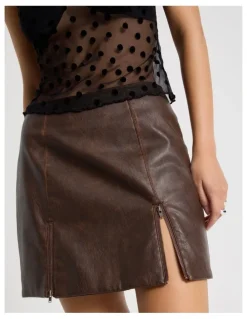 There After PU Distressed Mini Skirt in Brown