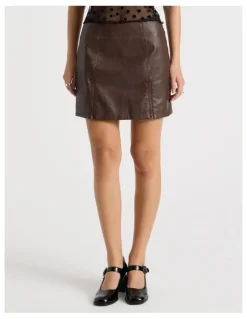 There After PU Distressed Mini Skirt in Brown