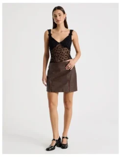 There After PU Distressed Mini Skirt in Brown