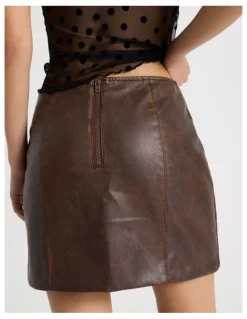 There After PU Distressed Mini Skirt in Brown