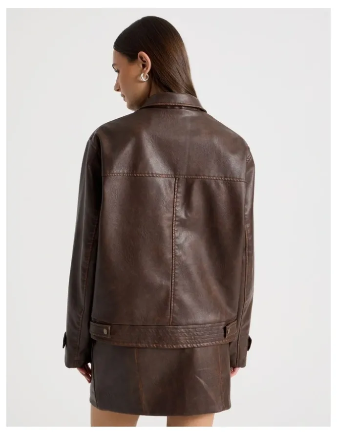 There After PU Distressed Jacket in Brown