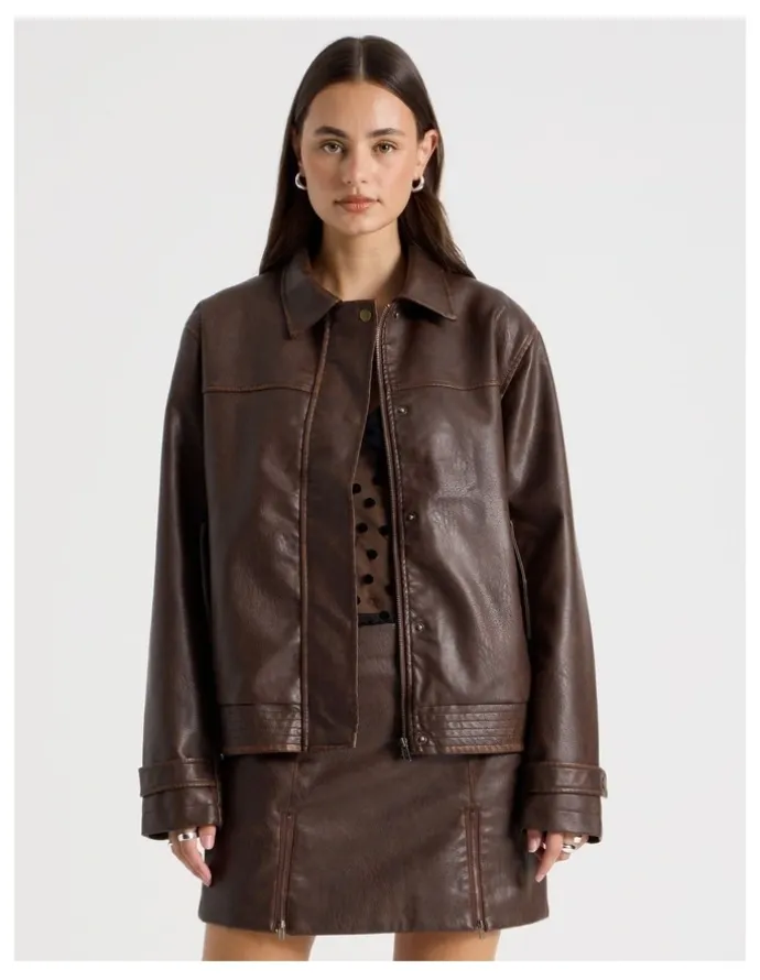 There After PU Distressed Jacket in Brown