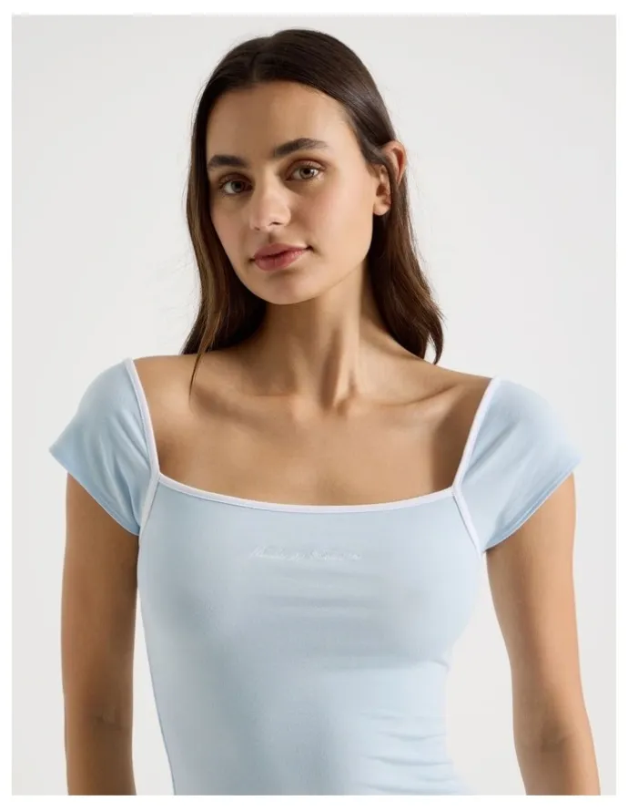 There After Soft Days Cap sleeve Fitted Tee in Blue Contrast Logo
