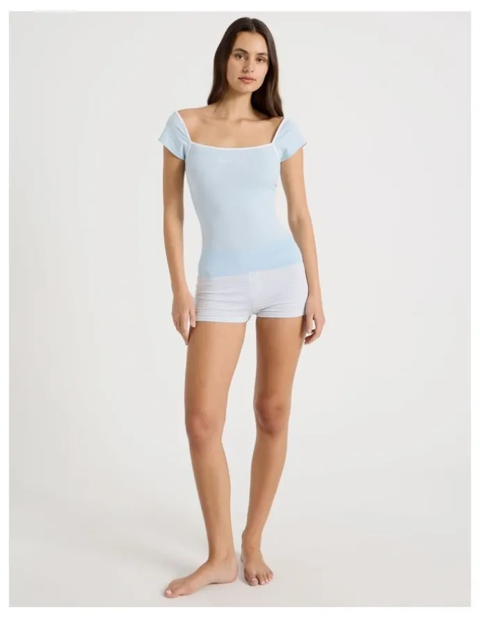 There After Soft Days Cap sleeve Fitted Tee in Blue Contrast Logo