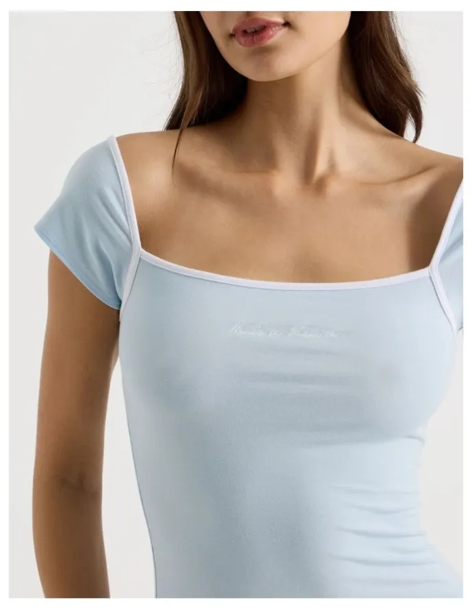 There After Soft Days Cap sleeve Fitted Tee in Blue Contrast Logo