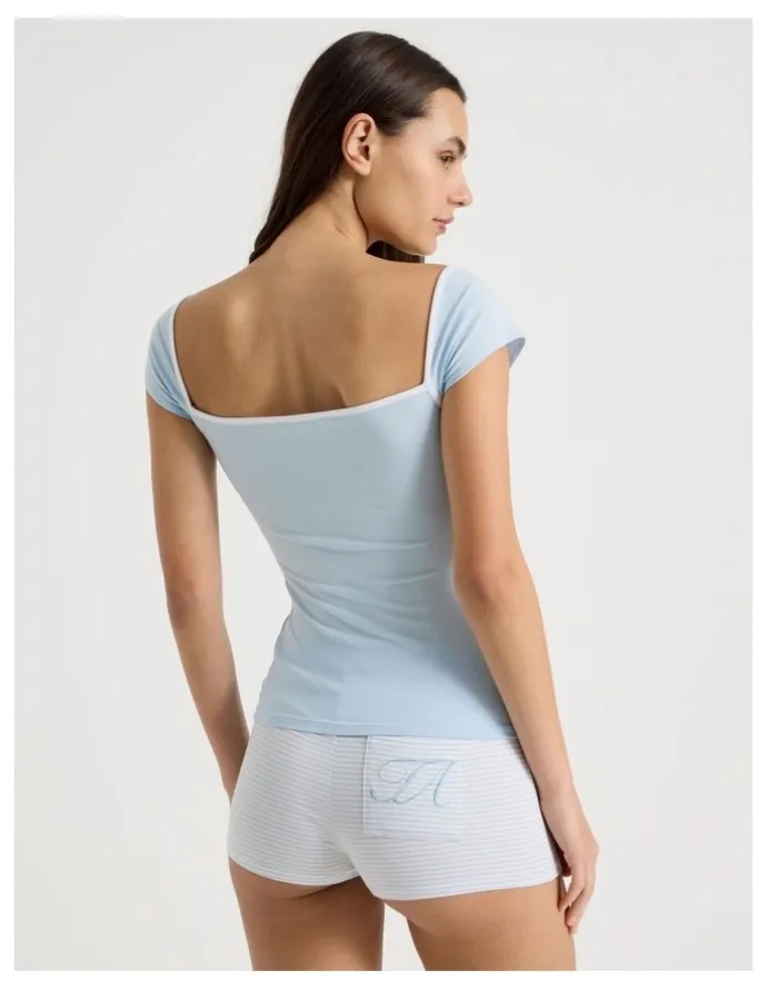 There After Soft Days Cap sleeve Fitted Tee in Blue Contrast Logo