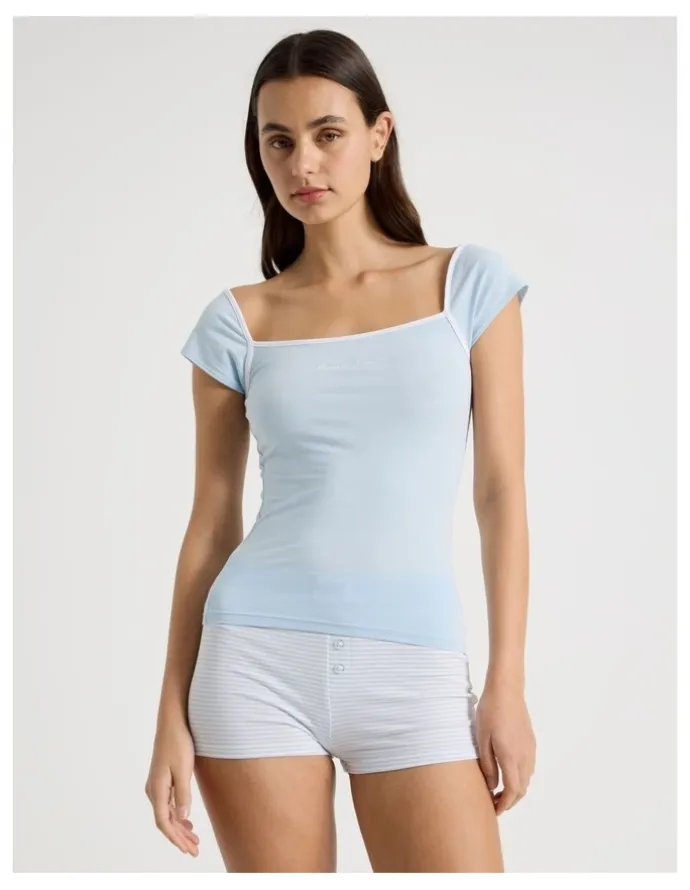 There After Soft Days Cap sleeve Fitted Tee in Blue Contrast Logo
