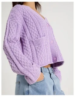 There After Stone Wash Cropped Boxy Cardigan in Orchid Bloom