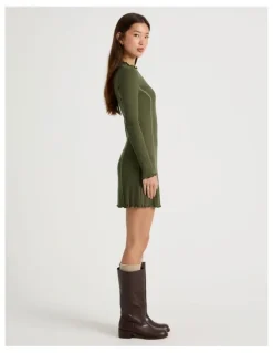 There After Contrast Stitch Detail Dress in Olive Night