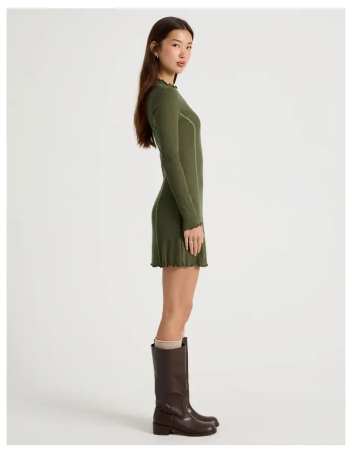 There After Contrast Stitch Detail Dress in Olive Night
