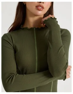 There After Contrast Stitch Detail Dress in Olive Night
