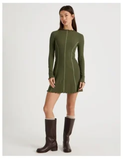 There After Contrast Stitch Detail Dress in Olive Night